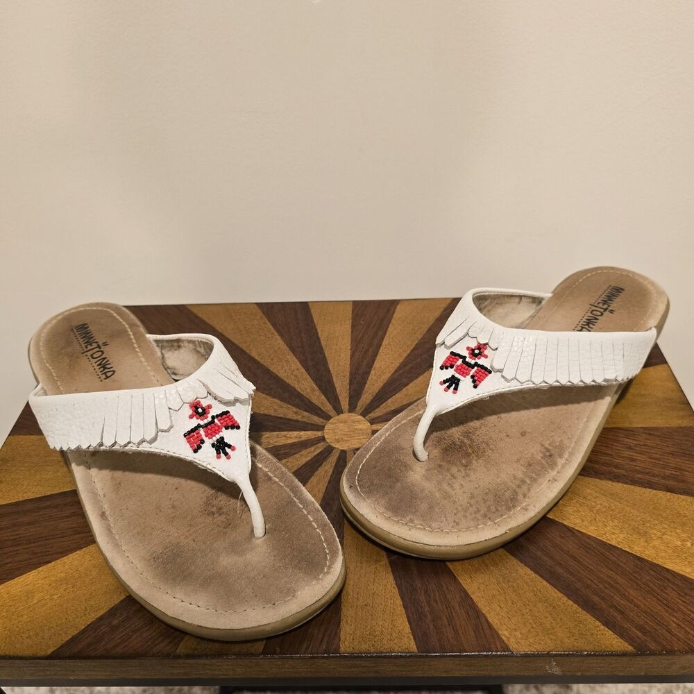 Minnetonka US 8 Flip Flop Thong Fringed Beaded Suede Sandal White BOHO FESTIVAL